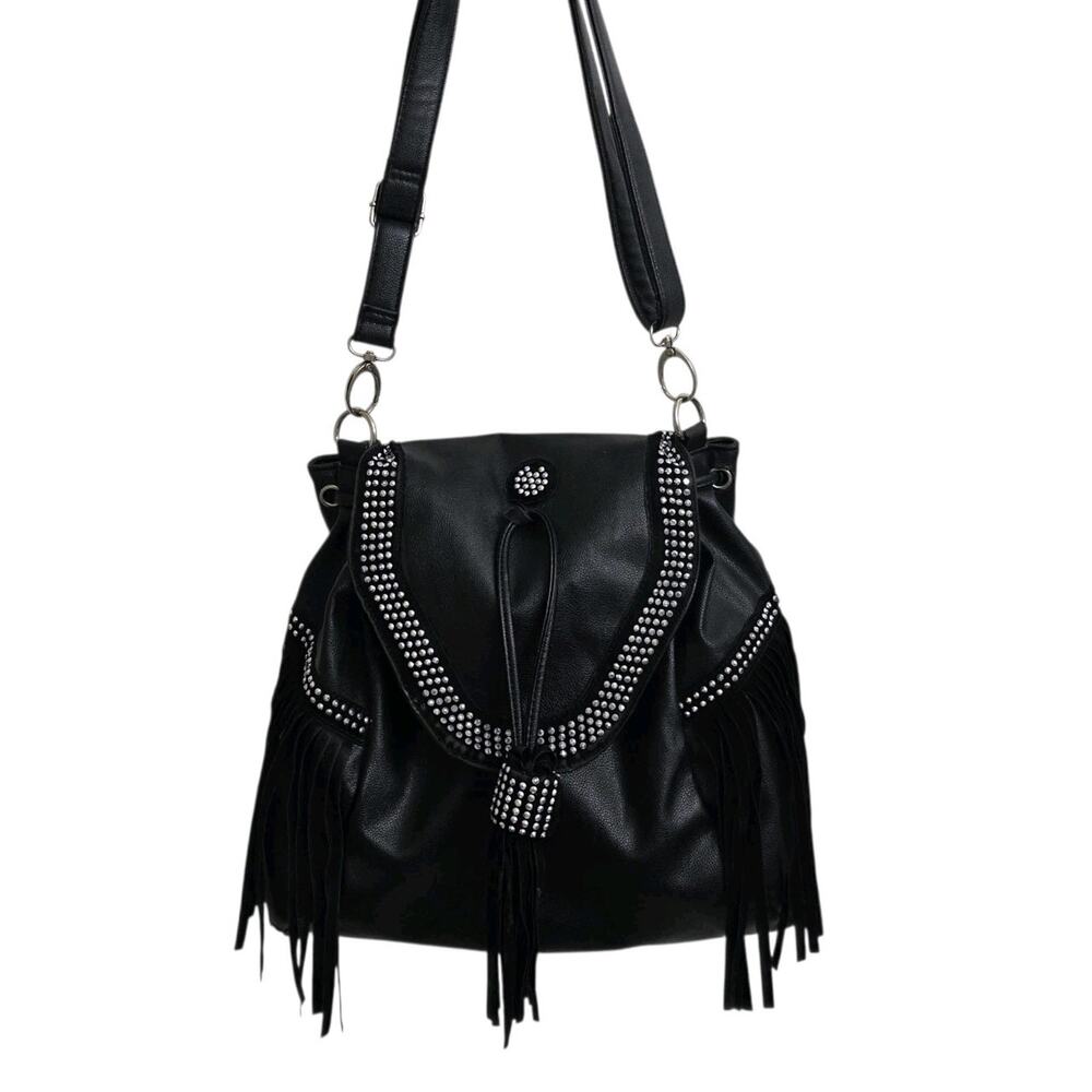 Black Boho Western Fringe Crossbody Purse Studded Faux Leather Shoulder Bag - Picture 8 of 12